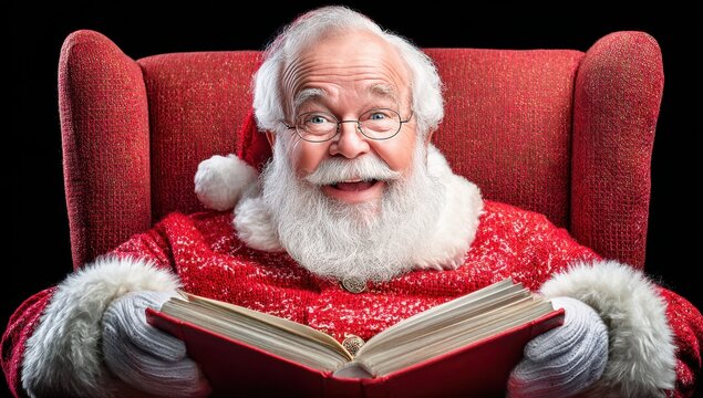 Smiling Santa Claus reading a book in a festive red armchair - Powered by Adobe