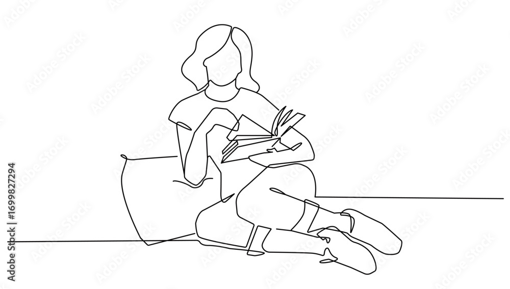 Poster woman reads a book one line vector illustration. continuous single line drawing of reading process. 