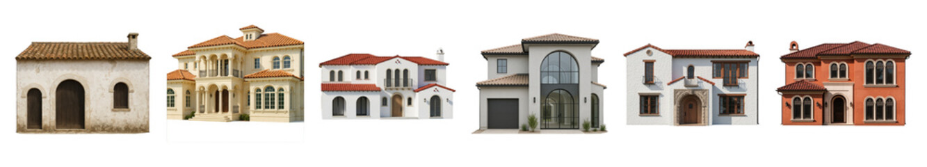 Mediterranean house set including stucco facades, terracotta roofs, and arched windows isolated. Architectural design and real estate collection.