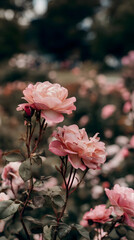 Pink Rose Blooms in a Garden Setting: Botanical Photography