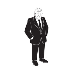 Old man with formal suit black and white vector illustration for classic portrait artwork design
