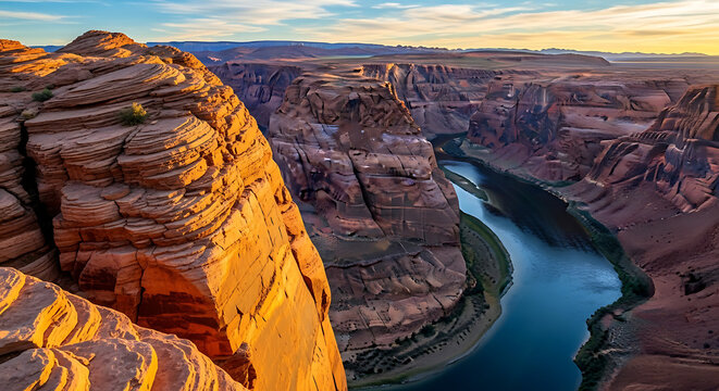 Horseshoe bend at sunset showcasing the colorado river winding through the canyon landscape in page arizona under a clear sky with golden light