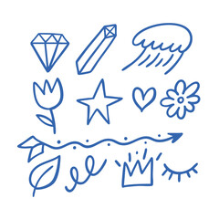 A collection of delightful, playful handdrawn doodles primarily created with blue ink