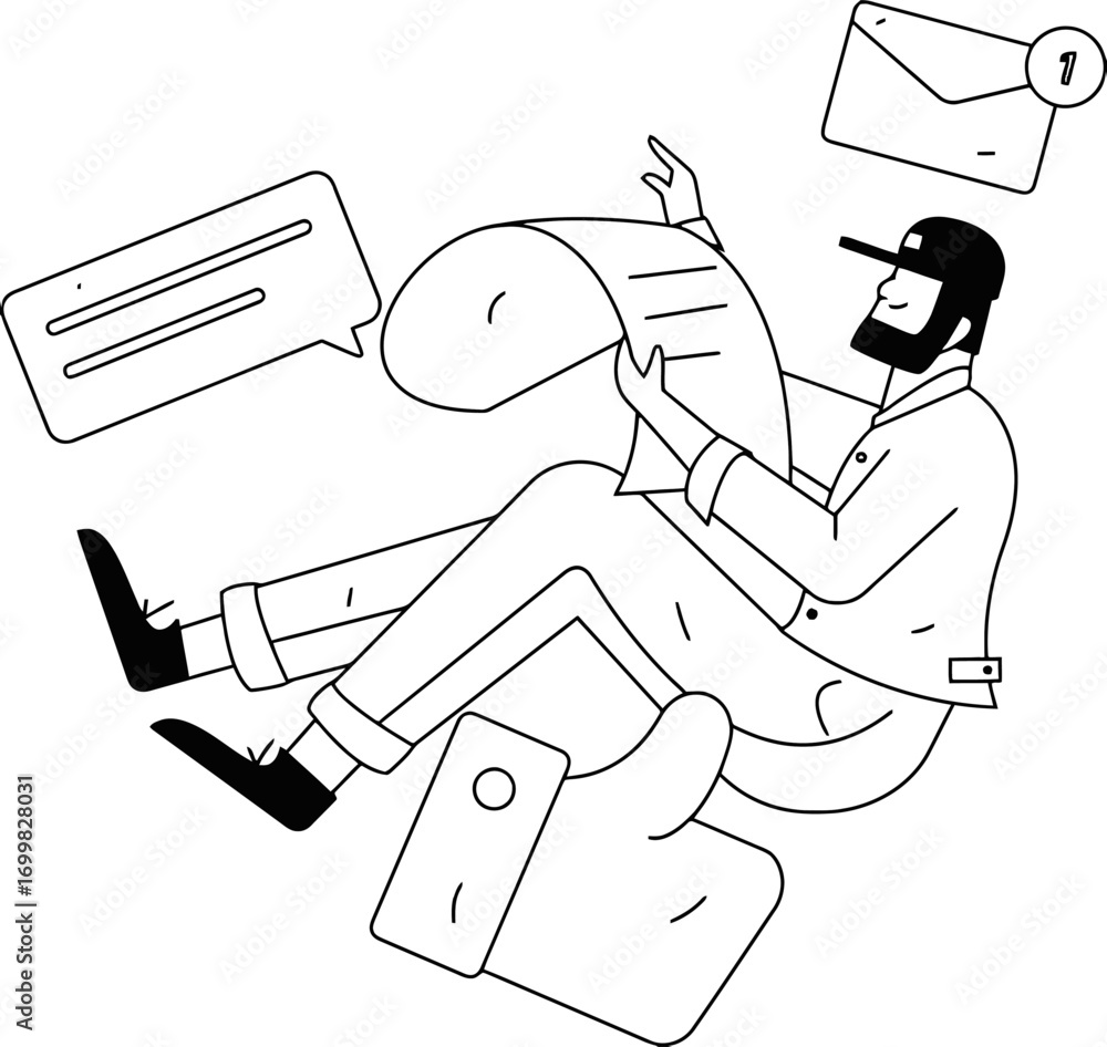 Poster man reading document email notification message feedback like communication illustration vector desi