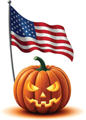 An illustrated concept of an American Halloween celebration featuring a spooky Jack-o'-lantern and a patriotic flag