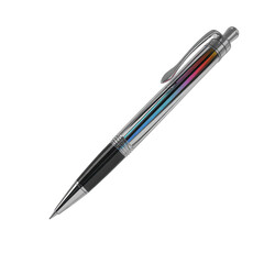 Sleek modern pen with vibrant rainbow ink cartridges, perfect for creative professionals and students.