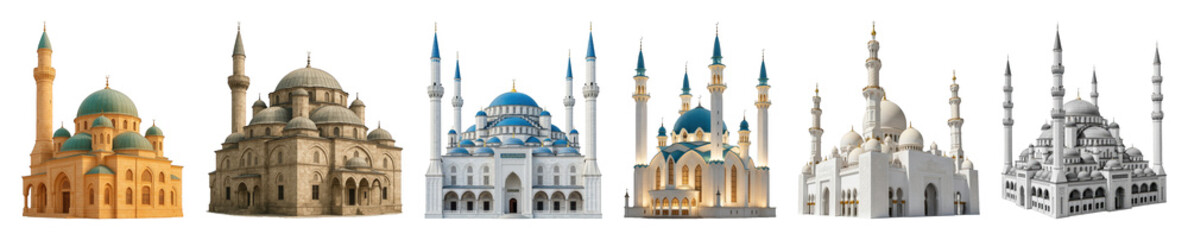 Fototapeta premium Mosque set including various architectural styles, colors, and domed designs isolated. Islamic religious and cultural building collection.