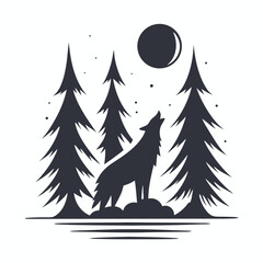 Silhouette of Howling Wolf in Forest at Night with Moon on White Background
