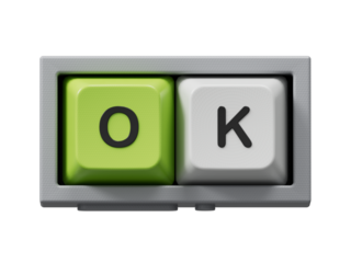 3D illustration of "OK" in English, using a bold font. It conveys agreement and confidence.Computer keyboard keys.Supports PNG files with transparent backgrounds.