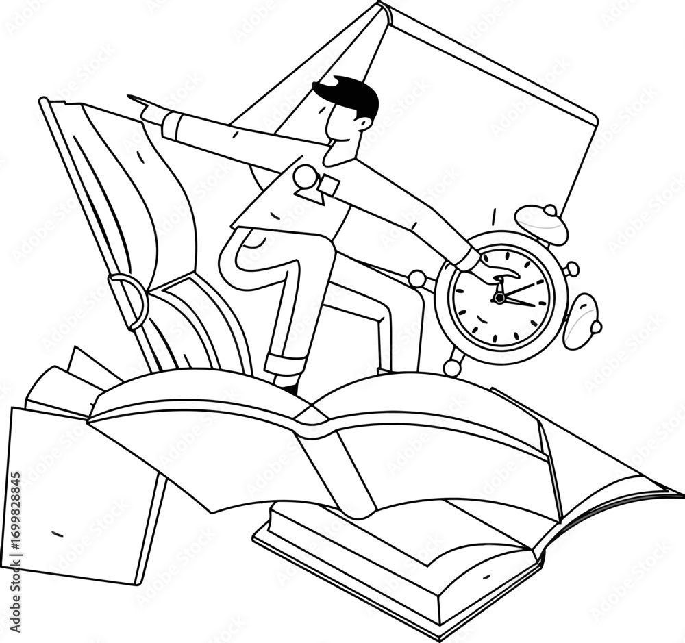 Poster dynamic student navigates knowledge mountain, reaching for success with time management and endless 