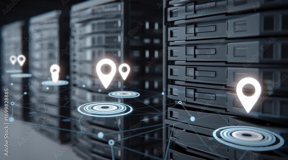 Aufkleber global data network: server racks and location pins