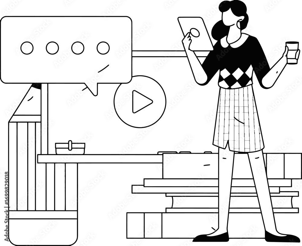 Poster engaged woman using tablet and holding coffee cup near digital interface with chat bubble and play b