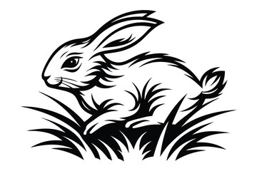 Silhouette of Leaping Rabbit in Grass with Stars on White Background