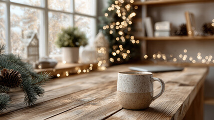 Steaming mug sits on a wooden desk, adorned with a sprig of frosted pine and white flowers, evoking a cozy Christmas atmosphere with twinkling lights illuminating the background workspace