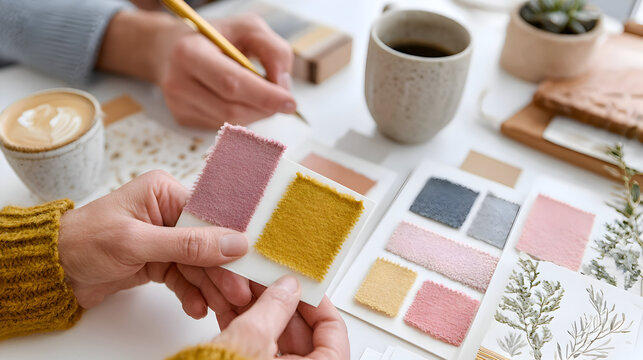 Two People Reviewing Fabric Swatches and Color Palette