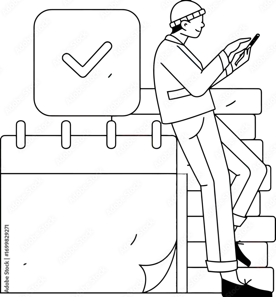 Poster man using a smartphone with a calendar icon symbolizing project planning and deadlines, perfect for 
