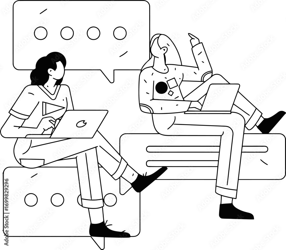 Aufkleber dynamic duo collaborating online, sharing ideas and working on laptops in a modern workspace, perfec