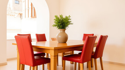 Bright mediterranean dining room with brandied melon chairs