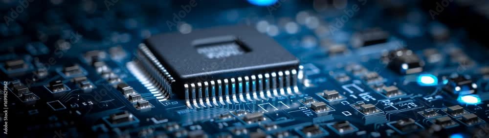 Poster a macro view of a computer chip on a blue circuit board.