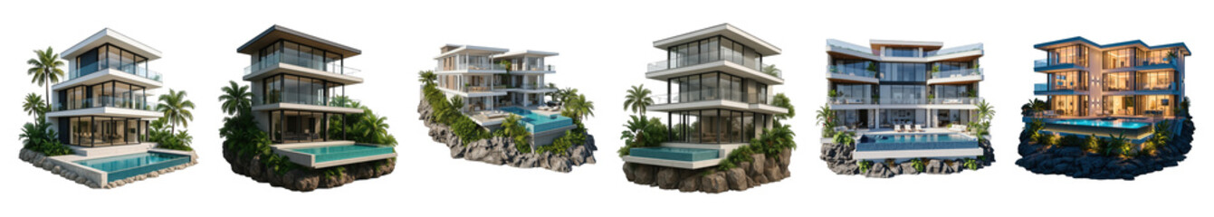 Fototapeta premium Modern luxury villas set including diverse designs, infinity pools, day and night views isolated. Ideal for real estate, vacation, and architectural concepts.