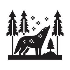 Silhouette Wolf Howling with Trees and Snowflakes on White Background
