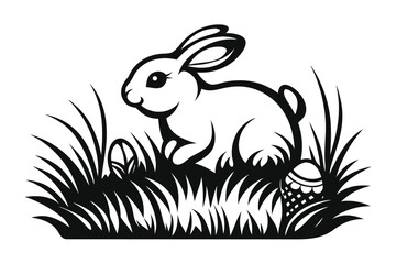 Simple Black Rabbit with Decorated Egg in Grass on White Background