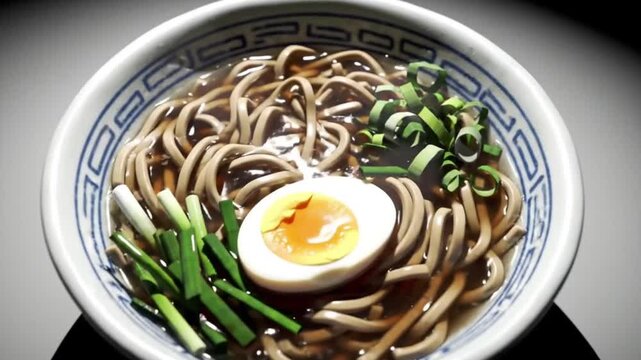 A delicious bowl of Japanese noodles, possibly soba or ramen, featuring a perfectly cooked soft-boiled egg, fresh green onions, and savory broth in a traditional patterned bowl. Appetizing and auth...