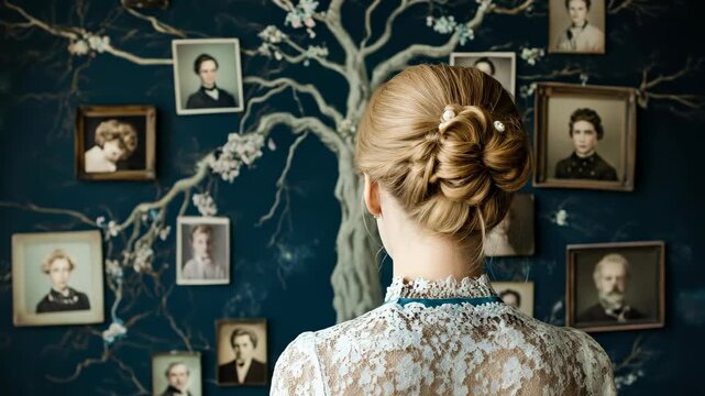 Elegant woman with beautiful updo views many ancient family portraits on a wall painted as a majestic tree. Generational history and timeless ancestral legacy.