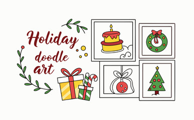 Multiple frame holiday doodle art combining bells, presents, candles, wreaths, and decorated Christmas trees with a touch of hand-lettered holiday greetings
