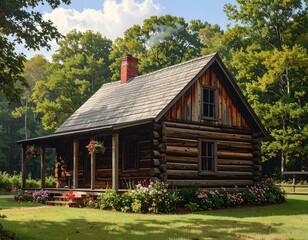 Obraz premium Rustic Log Cabin nestled amidst serene woods and blossoming flowerbeds