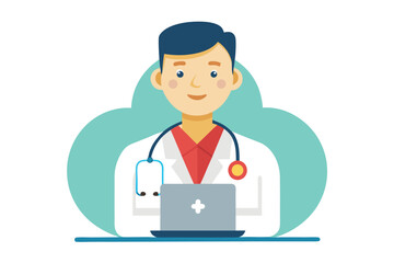 Fototapeta premium Smiling Cartoon Male Doctor with Stethoscope Holding Tablet on White Background