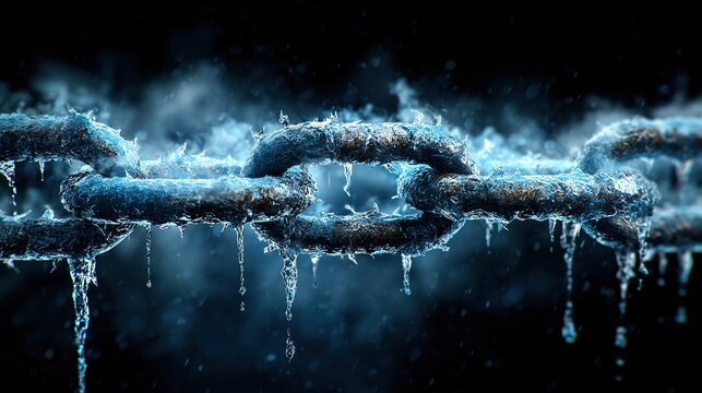 Metal chain covered with ice water drops and frost, symbolizing cold, harsh conditions, limitations, frozen movement, imprisonment or stagnation