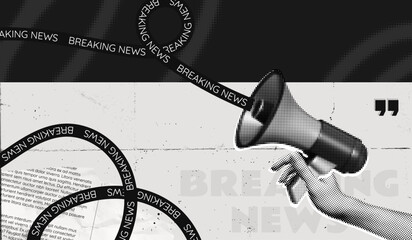 Obraz na płótnie Canvas Trendy Halftone Collage Social media news. Hand holding Megaphone with breaking news text ribbon. Propaganda and fake news. Announce on grunge background. Contemporary vector illustration art