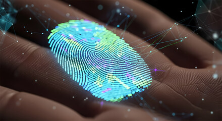 A vibrant, glowing digital fingerprint overlays a human hand, symbolizing advanced biometric security, personal identification, and modern data protection.