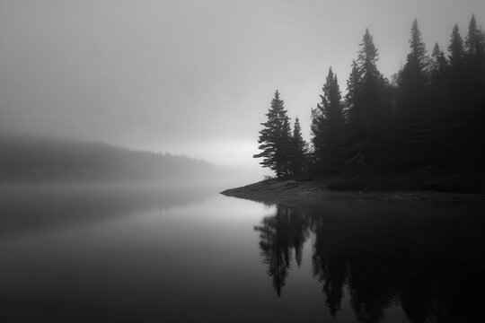 silhouettes of trees gently rising against misty backdrop of tranquil lake at dawn