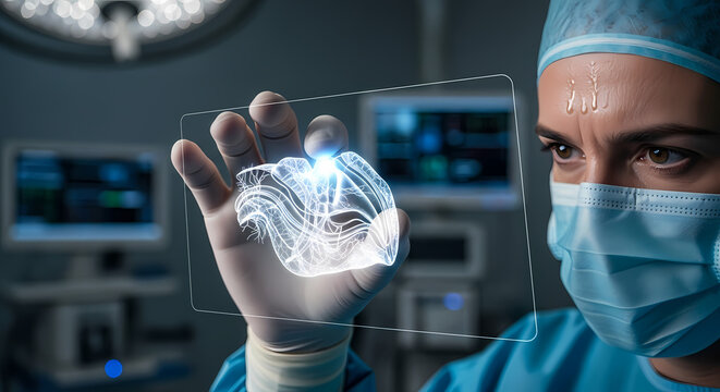 A focused surgeon in an operating room intently examines a glowing holographic brain model on a transparent screen, showcasing advanced diagnostic technology.