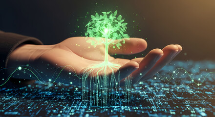 A futuristic digital tree with illuminated roots emerges from a circuit board, held by a hand, representing the fusion of nature, technology, and environmental progress.