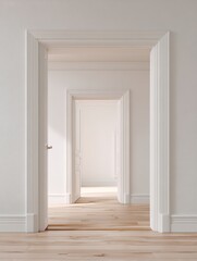 multiple open white doors forming perspective in bright interior with wooden floor
