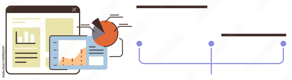 Poster charts, pie graphs, and digital data analytics on device screens connected with lines. ideal for ana