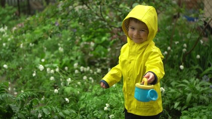 small child in yellow raincoat with hood stands in the rain filling a toy watering can with water against a green garden background