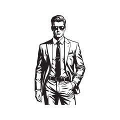 Full body illustration of a handsome man in a suit and sunglasses. Stylish black and white vector sketch of a confident businessman walking.

