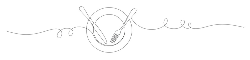 Continuous line art of a tableware set consisting of a plate, fork, and knife. This icon is for a restaurant sticker or banner. Vector illustration.   © mamat