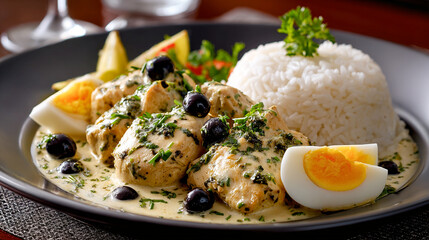 Plato típico de ají de gallina con arroz, huevo cocido, aceitunas negras y salsa cremosa servido en un plato negro