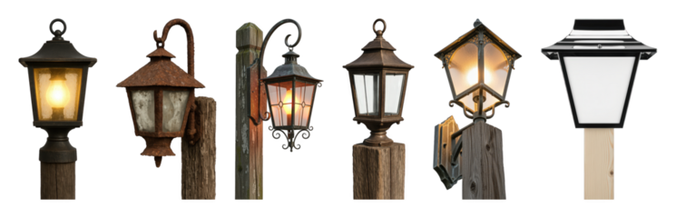 Outdoor lantern and lamp set including post-top, wall-mount, modern, and antique designs isolated. Architectural and landscape design elements.