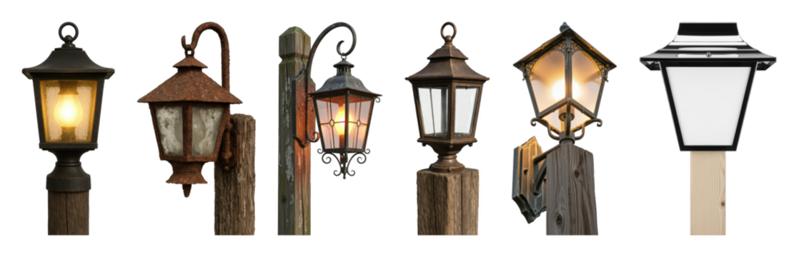 Outdoor lantern and lamp set including post-top, wall-mount, modern, and antique designs isolated. Architectural and landscape design elements. - Powered by Adobe