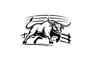 Stylized Bull with Horns Ready to Attack on White Background