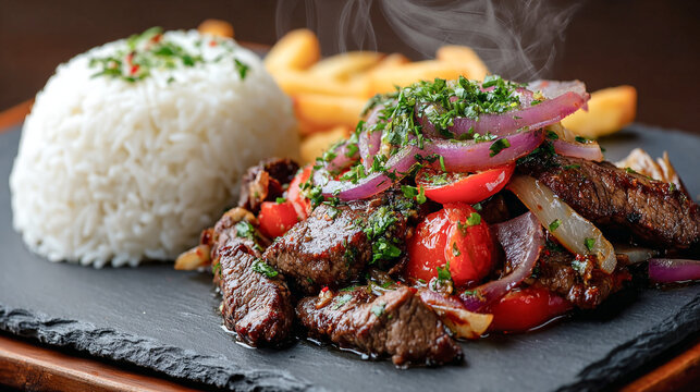 Lomo saltado peruano con carne de res, cebolla morada, tomate, arroz blanco y papas fritas servido en plato de pizarra