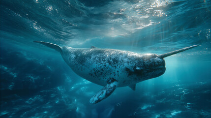 A majestic narwhal swims gracefully through the deep blue ocean waters.