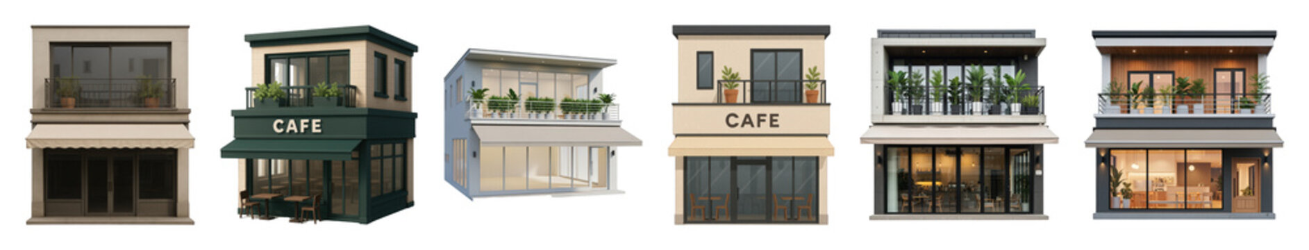 Modern cafe and shop building set including diverse facades, awnings, and balconies isolated. Architectural design and retail property collection.