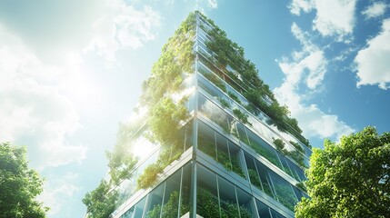 A futuristic skyscraper completely covered in green plants, symbolizing ecology, sustainable development, green technologies, life in harmony with nature and the future of cities